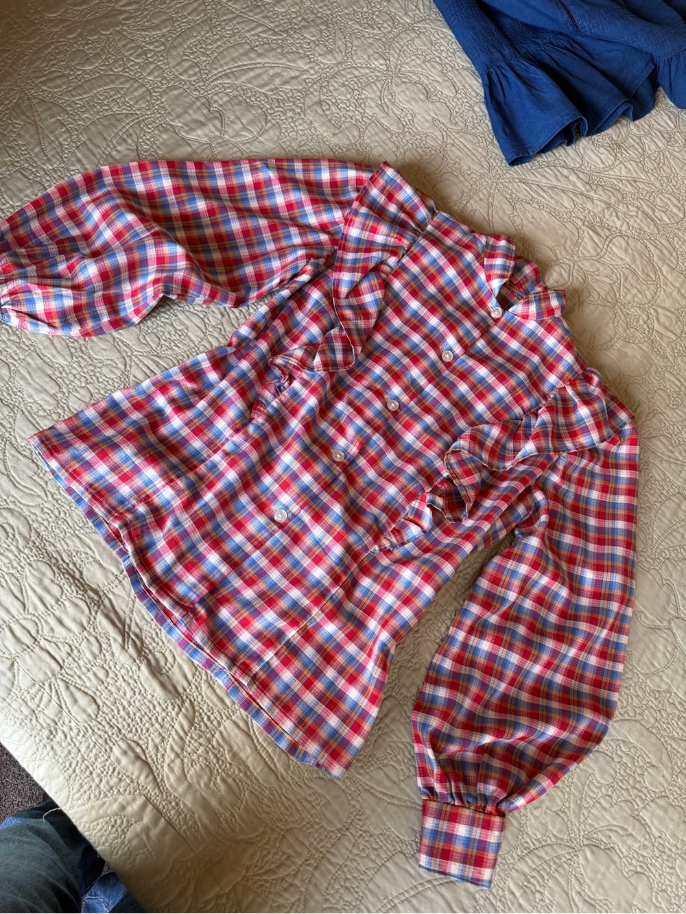 *SOLD* VTG 80s Handmade Plaid Ruffle Blouse Cottagecore Prairie Romantic, S - Picture 6 of 14
